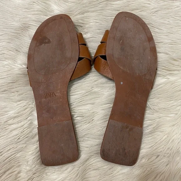 Zara Flat Crossed Brown Leather Sandals Slip On Open Toe Flats Boho Resortwear - Picture 8 of 11